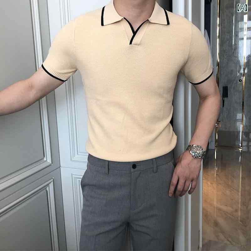 ポロシャツ 半袖 メンズ 夏 ヴィンテージ風 スリムフィット 折り襟 ニット トップス 上品 ビジネス カ..