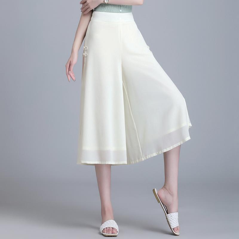 ガウチョパンツ レディース 春夏 薄手 シフォン 柔らかい 膝下丈 毛玉になりにくい ハイウエスト ドレープ クロップド ゆったり シンプル きれいめ オフィスカジュアル 大きいサイズ 黒 青 アプリコット