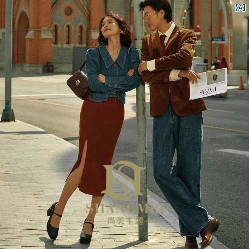 ペアルック カップル 衣装 写真 フォト スタジオ レトロ 綿 レディース メッシュ 上下セット ジャケット スカート スリット パンツ おしゃれ