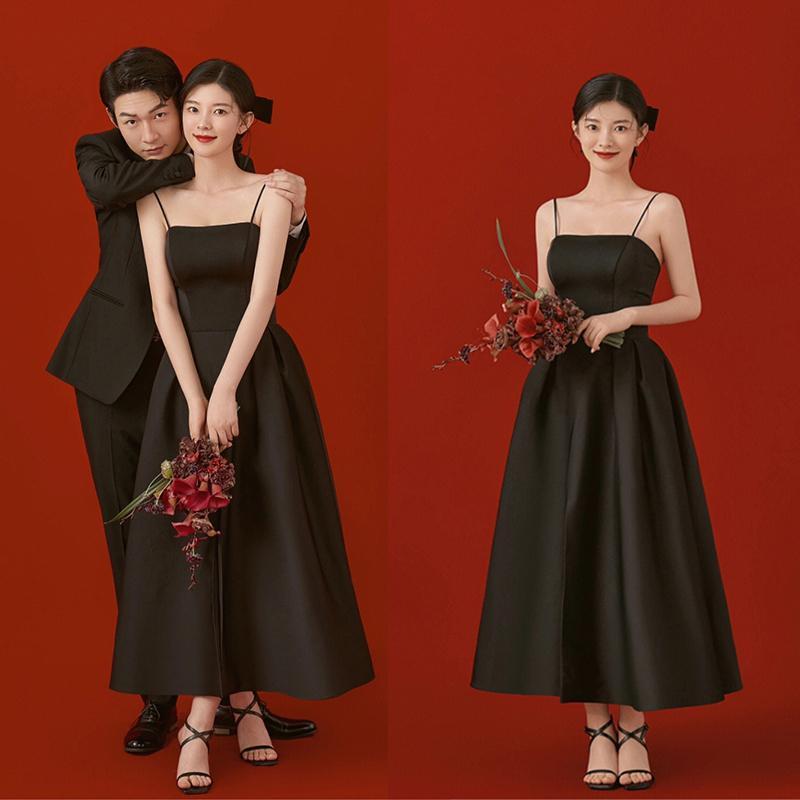ウェディング 前撮り ワンピース レディース 衣装 スタジオ 写真 フォト 結婚式 レトロ キャミソール Aライン ロング丈 シンプル 黒