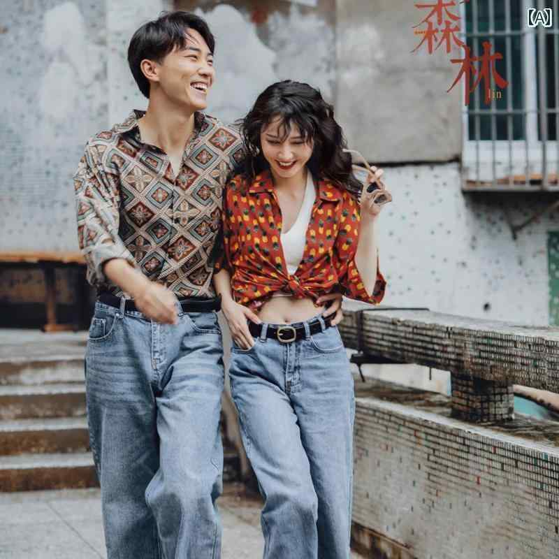 写真撮影 衣装 フォト レディース メンズ カップル シャツ パンツ デニム キャミソール スタジオ 記念 旅行 80年代 レトロ ノスタルジック カジュアル ストリート