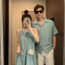 カップル ペアルック 夏服 衣装 レディース メンズ ワンピース ノースリーブ シャツ 襟付き パンツ 半袖 休日 お出かけ シンプル 無地 爽やか お揃い 大...