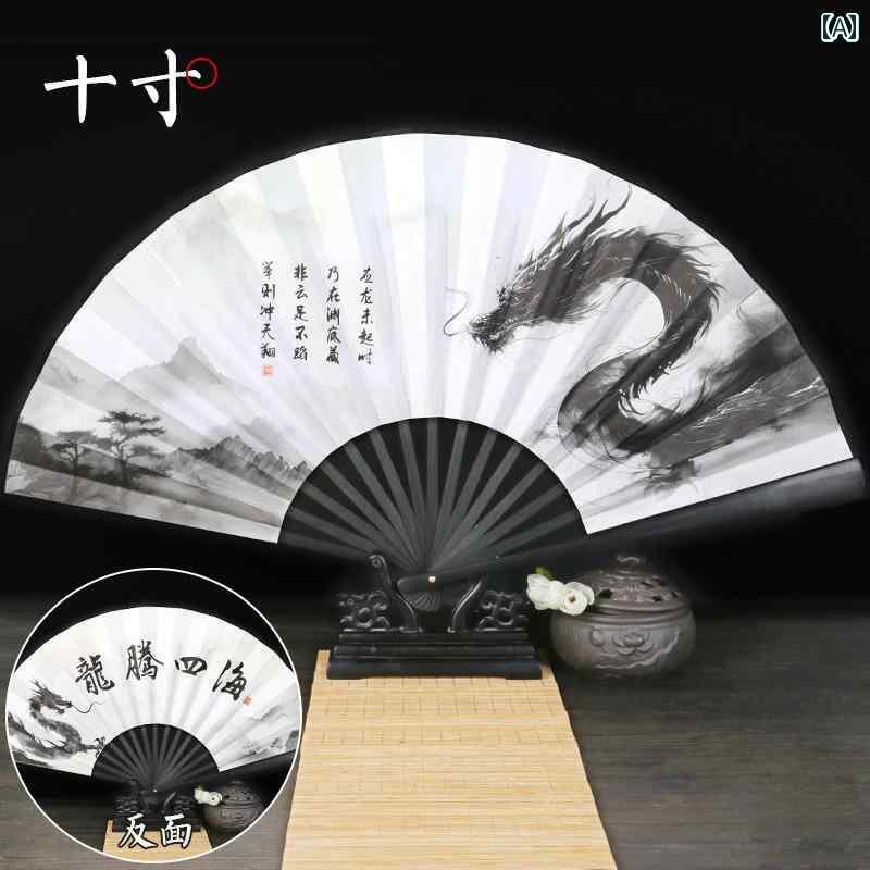 扇子 メンズ 春夏 竹製 チャイナ風 レトロ モダン ポータブル 小物 雑貨 上品 普段使い 浴衣 着物 コスプレ 衣装 小道具 タッセル おしゃれ 柄プリント 龍