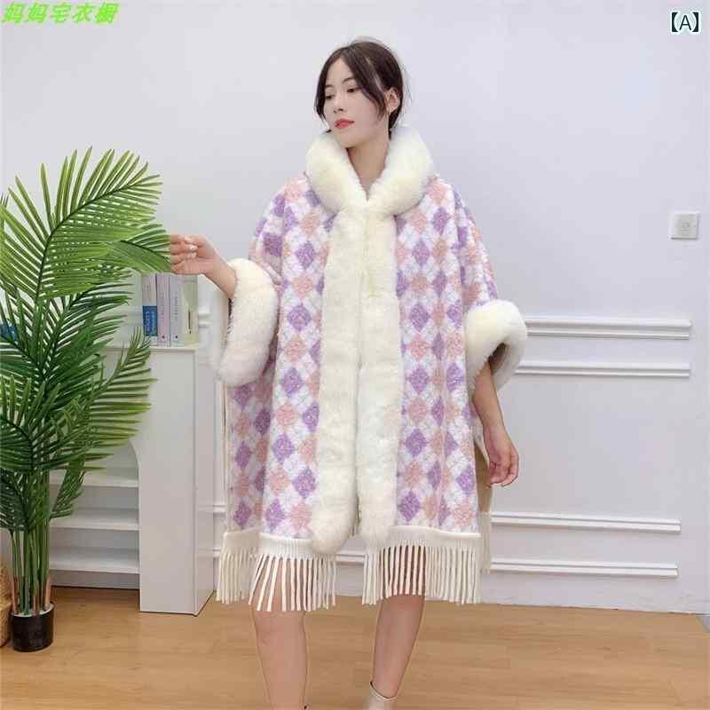 ポンチョ コート 冬 レディース マント ケープ ショール 羽織り 厚手 ゆったり フェイクファー ふわふわ 暖かい おしゃれ フリンジ フリーサイズ チェック エスニック 赤 茶 白