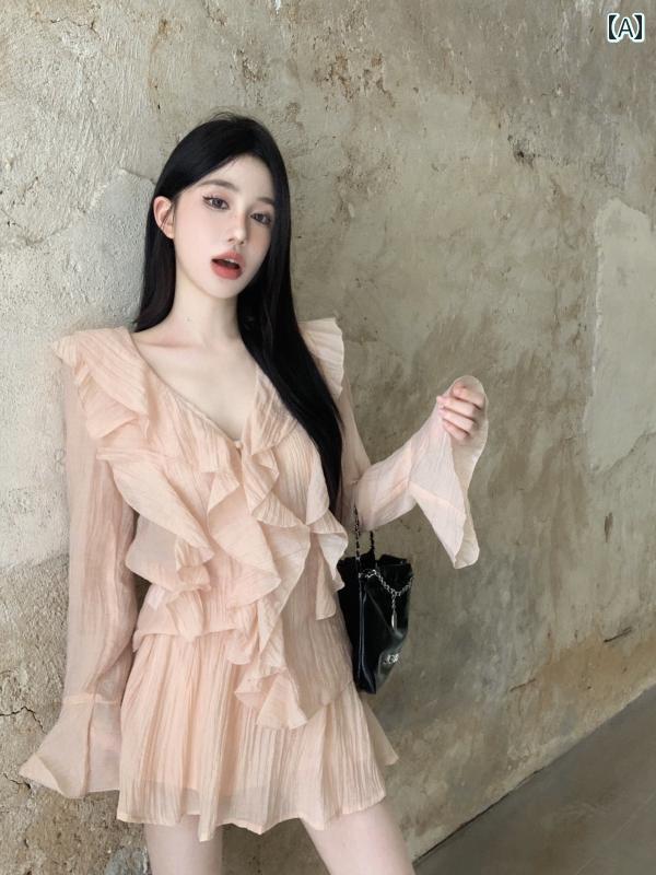 韓国ファッション レディース 魅惑的 深い Vネック ドレス 春先 美しい ウエスト スリム ヒップ ハグ スカート