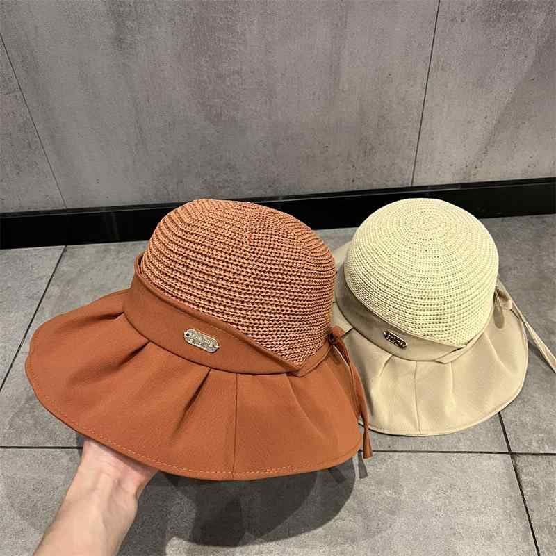 フィッシャーマン ハット レディース 韓国 エレガント プリーツ 麦わら 帽子 春夏 海 サンシェード 抗UV