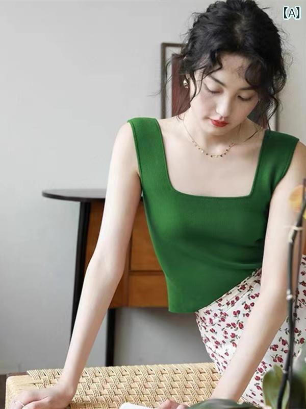 タンクトップ レディース カラバリ 春夏 トップス インナー スクエアネック ショート丈 ニット 薄手 スリム フィット ブラ紐隠し フレンチ レトロ シンプル 緑 赤 青