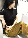 ハイネック 半袖 レディース 夏 軽量 薄手 メッシュ Tシャツ 風 トップス スリムフィット シンプル カジュアル 大きいサイズ 通勤 レジャー 黒