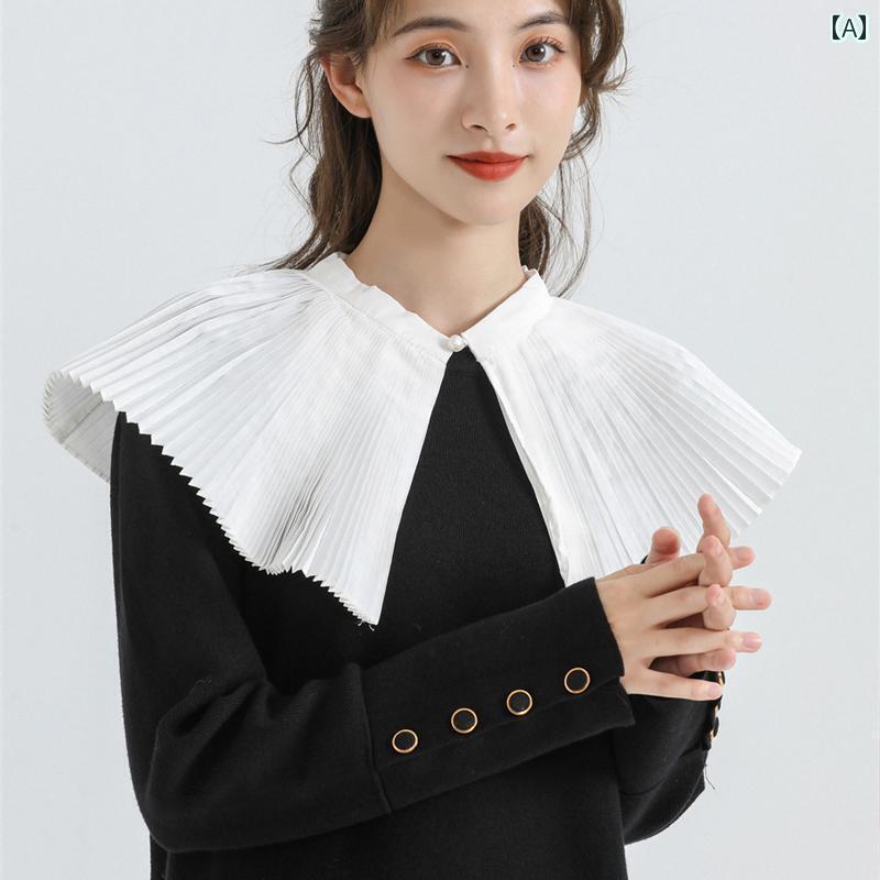 付け襟 おしゃれ 大人 普段使い プリーツ レトロ ボタン付き 装飾 ポリエステル 韓国 ウェーブ 大きいサイズ 小さめ シンプル ラウンドネック リボン 白 パール アクセント 無地