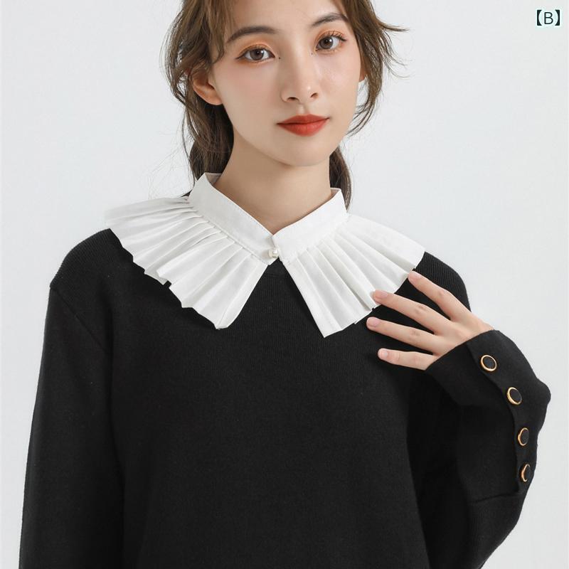 付け襟 おしゃれ 大人 普段使い プリーツ レトロ ボタン付き 装飾 ポリエステル 韓国 ウェーブ 大きいサイズ 小さめ シンプル ラウンドネック リボン 白 パール アクセント 無地