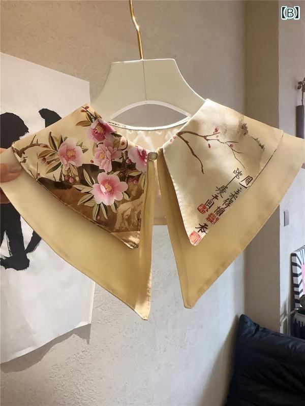 付け襟 レディース 春夏 レトロ 二層 レイヤード 重ね着風 フェイクカラー 小物 アクセサリー 大きめ 柄プリント 和風 おしゃれ 花 青 緑