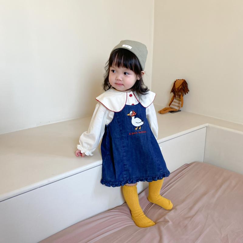 シャツ サスペンダースカート ガールズ キッズ 子供用 おしゃれ ファッション 長袖 春秋 Aライン アヒル ソフトデニム 女の子 韓国 コットン かわいい