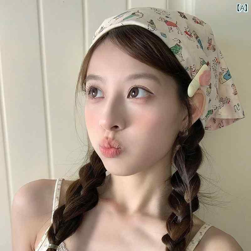 スカーフ バンダナ レトロ レディース 子供 ヘアアクセサリー カチューシャ 三角形 大判 薄手 春夏 犬 ..