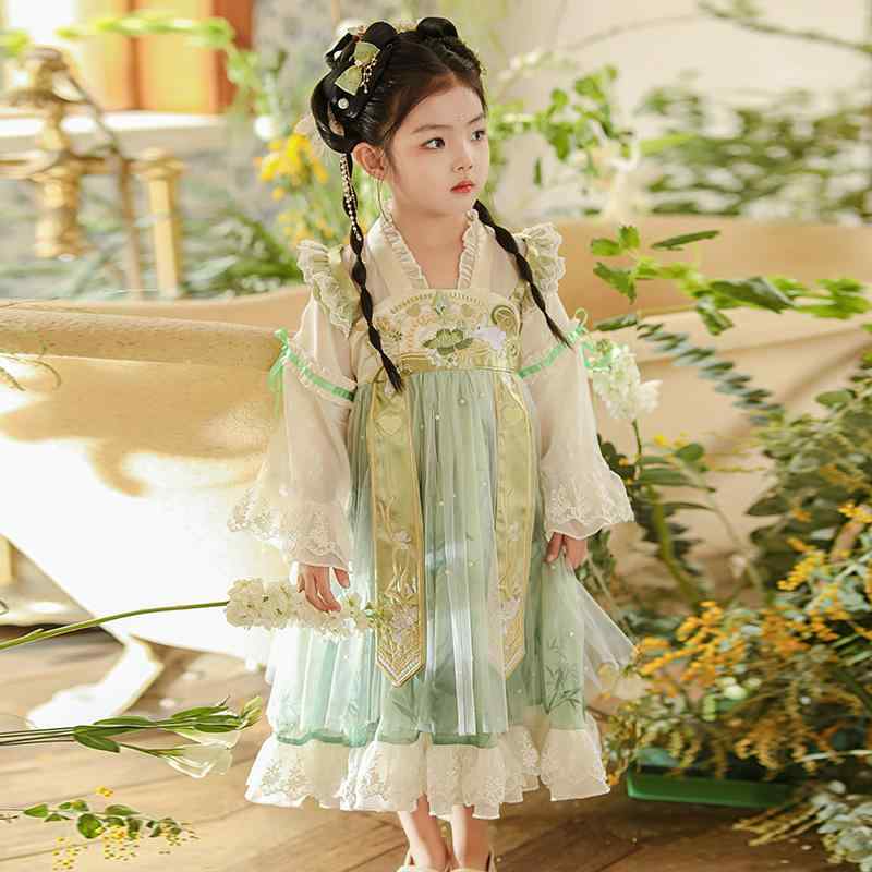 ドレス キッズ 子供服 おしゃれ ファッション 女の子 漢服 コスプレ チャイナ風 春秋 赤ちゃん用品 長袖 レトロ 衣装 スカート グリーン レース フリル
