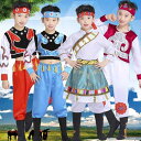 モンゴル 衣装 ダンス キッズ パフォーマンス 少数民族 男の子 ローブ チベット 靴カバー ヘアバンド レッド ホワイト ブルー 上下セット エスニック リネン 長袖
