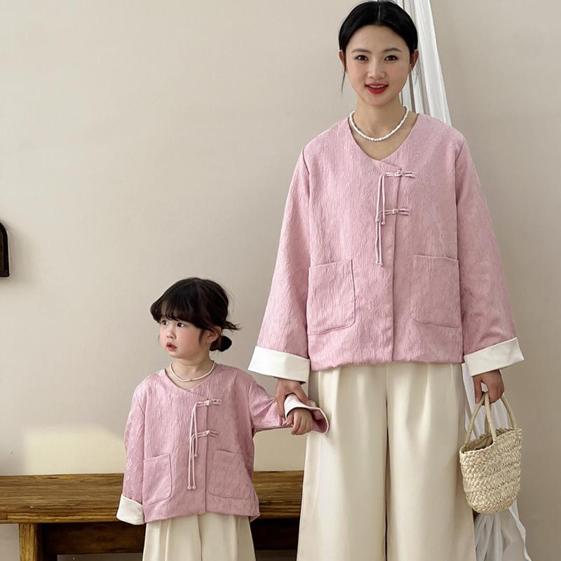 チャイナ風 ジャケット パンツ 親子 春 ファッション レトロ チャイナ風 母娘 ジャカードジャケット ピンク パンツ シンプル コットン 長袖
