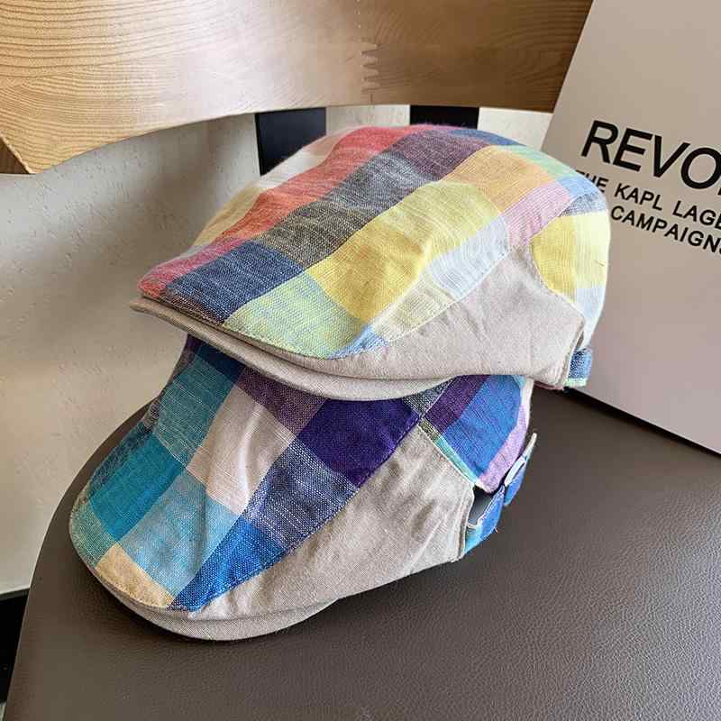 帽子 春夏 麻 綿 薄 女性 ファッション カラー チェック 柄 ベレー 帽 英国 レトロ フォワード ハット ..