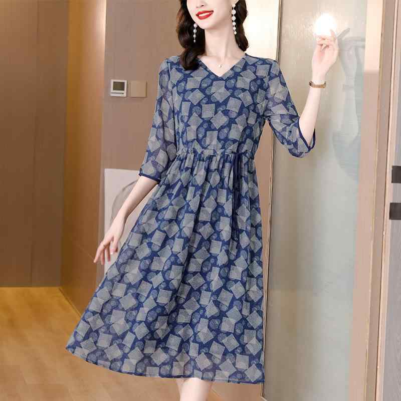 レディース 婦人服 ドレス 春秋 ハイエンド 母 ドレス チェック柄 Vネック ゆったり 七分袖 長袖 ワンピース ファッション