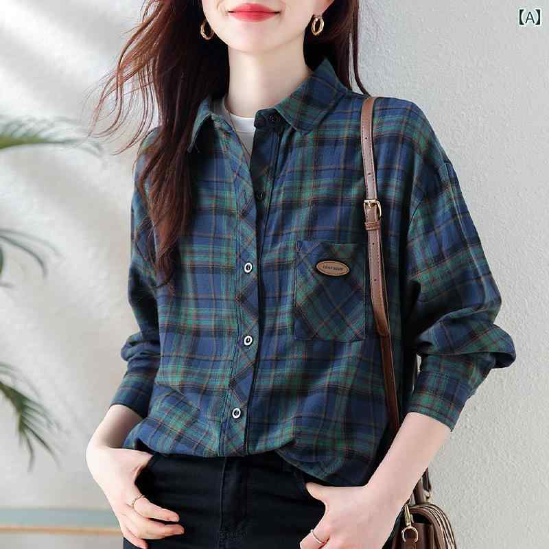 ブラウス 女性 コットン チェック柄 ポロ襟 レディース シャツ袖 春 シングルブレスト ジャケット レトロ ボタンステッチポケット 婦人服 ゆったり