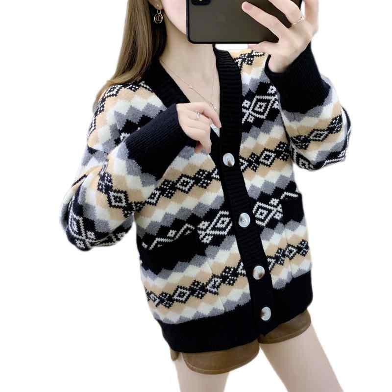 カーディガン レディース 秋 ニット 長袖 Vネック ボタン ポケット ゆったり 厚手 暖かい エスニック レトロ チェック柄 黒 赤 グレー 大きいサイズ
