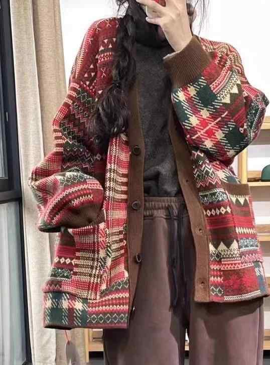 カーディガン レディース 民族風 秋冬 羽織 Vネック 長袖 シングルブレスト ポケット 厚手 保温 暖かい レトロ エスニック カジュアル 赤 緑