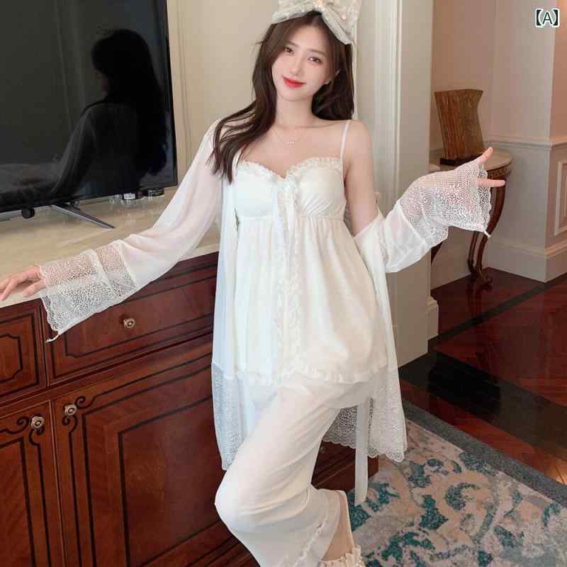 ナイトウェア 女性用 春 長袖 パジャマ スリーピース レース メッシュ 魅惑的 胸パッド サスペンダー 薄手 ロングパンツ