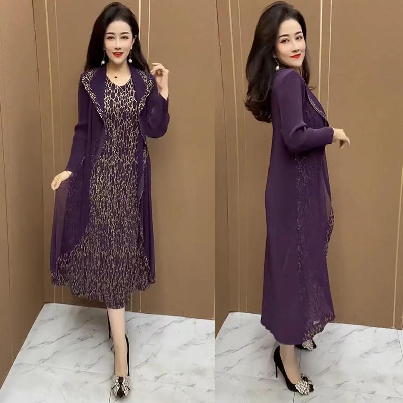 マザー ドレス 上品 レディース 婦人服 春秋 西洋 ママ プリーツ ドレス ファッション スプライス メッシュ 快適 若々しい 休暇 ツーピース ロング スカート セット