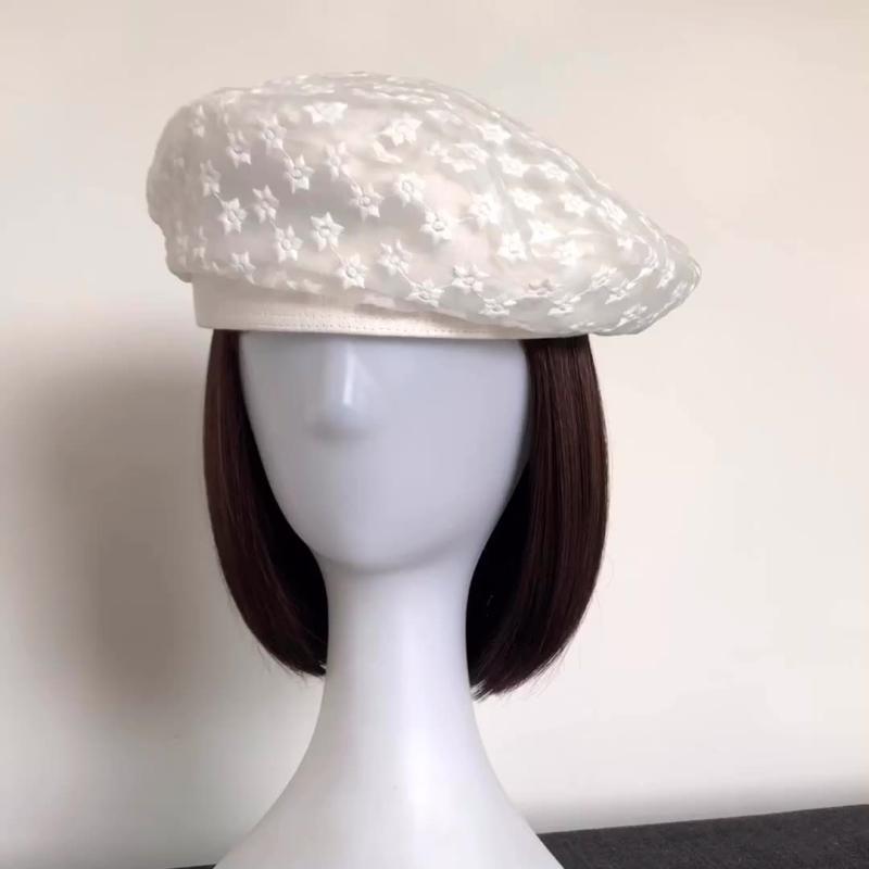 ベレー帽 レディース オーガンジー 通気性 画家 メッシュ 薄手 妖精 ホワイト ブラック レース 花柄 調節可能 フラットトップ かわいい エレガント