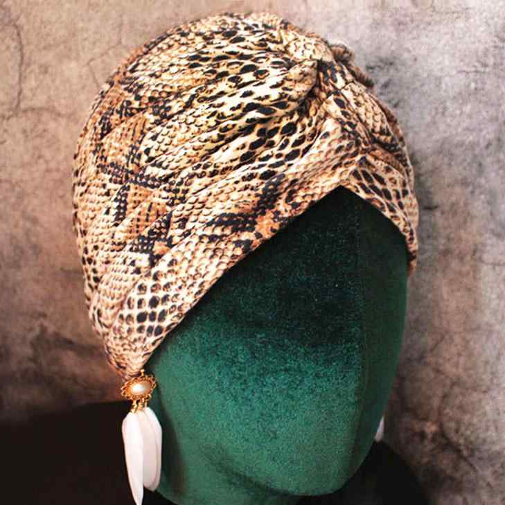 ターバンハット 春 スネーク プリント プリーツ ターバン ハット 弾性 レディース アメリカ レトロ ラインストーン ペンダント プルオーバー