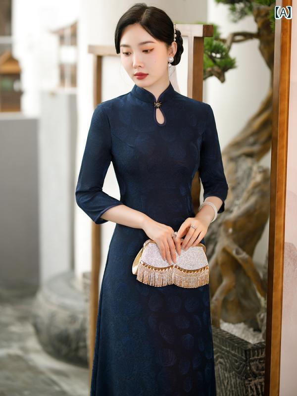 チャイナドレス レディース パフォーマンス 撮影 アオザイ七分袖 エレガント レトロ 中華風