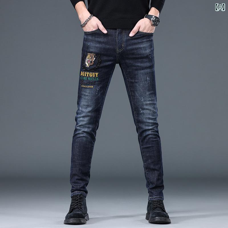 ジーパン レトロ 刺繍 タイガー メンズ ジーンズ 秋 ファッション カジュアル オシャレ デニム 男性 耐摩耗 ロング アイコニック ヒップホップ ストリート