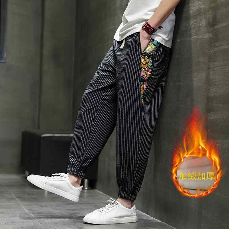 パンツ ズボン メンズ 秋冬 ベルベット 厚手 ストライプ チャイナ風 バックル カジュアル レトロ