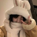 白 うさ耳 帽子 スカーフ オールインワン レディース 冬 韓国 かわいい 増 厚 暖かい スカーフ3点セット
