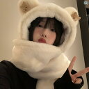 帽子スカーフ手袋一体型 レディース 冬用 ぬいぐるみ かわいい クマ耳 ネック スカーフ サイクリング用 防寒 厚手 暖かい 3点セット もこもこ