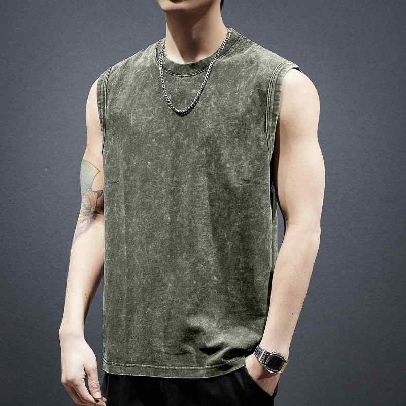 バスケ メンズ Tシャツ ノースリーブ 春夏 綿 ラウンドネック プルオーバー ゆったり 練習着 スポーツ アメリカン レトロ カジュアル 緑 黒 カーキ 大きいサイズ