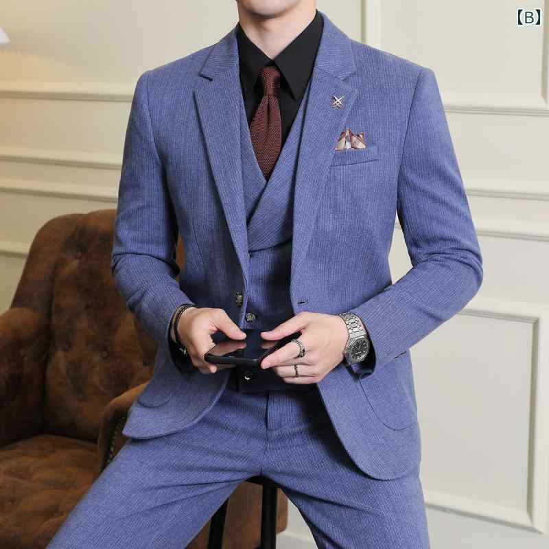ストライプ ウール スーツ メンズスーツ 秋冬 厚手 高級感 ビジネス フォーマルウェア 新郎 結婚式 大きいサイズ スリーピース ジャケット スラックス