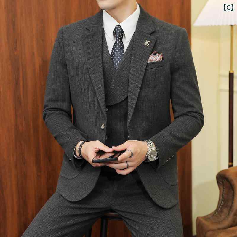 ストライプ ウール スーツ メンズスーツ 秋冬 厚手 高級感 ビジネス フォーマルウェア 新郎 結婚式 大きいサイズ スリーピース ジャケット スラックス