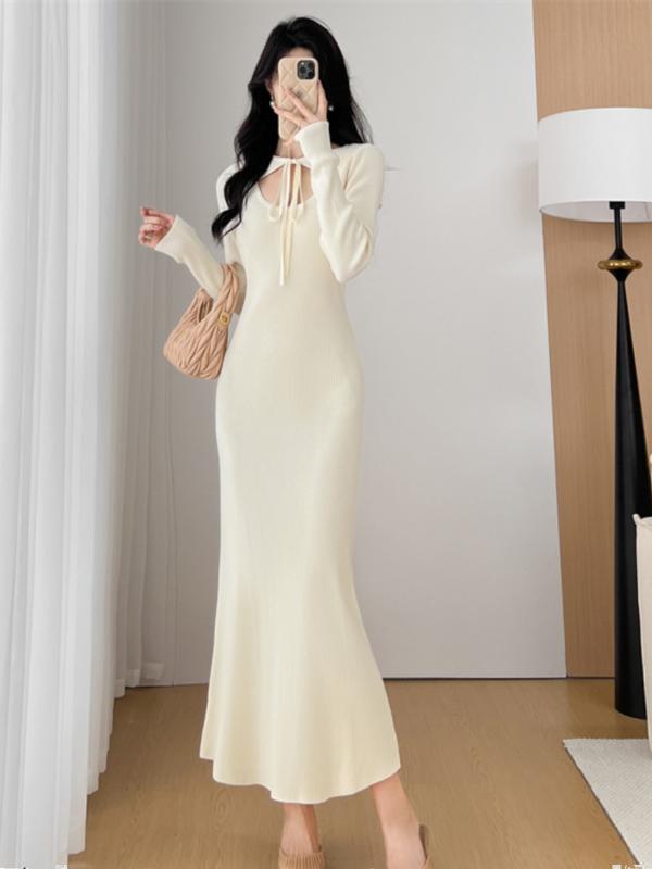 ワンピース 秋冬 レディース スリムフィット 長袖 ニット ドレス ボトムス コート付き ヒップカバー ロングスカート