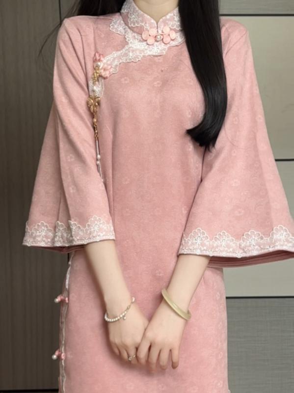 チャイナ ドレス おしゃれ ピンク レトロ 秋冬 長袖 スリムガール ロング 低スリット