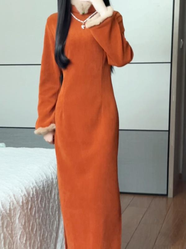 チャイナ ドレス おしゃれ 抹茶餅 秋冬 濃厚 柿 赤 ロング 日常使い 可能 長袖 ロー エッジ ドレス 低..