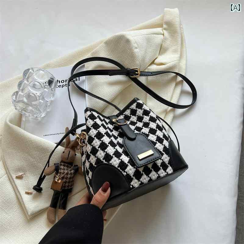 冬 ファブリック レディース ファッション チェック ショルダー バケット 巾着 ブラック コーヒー