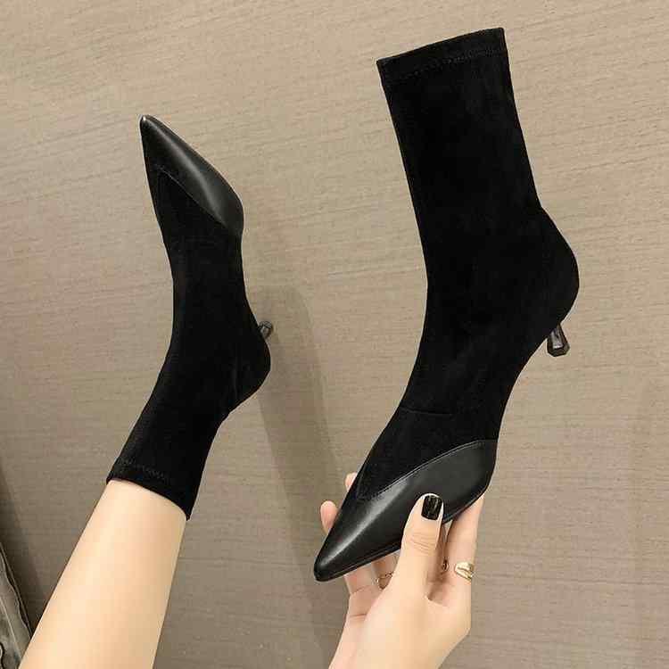 弾性 ストッキングブーツ ポインテッドトゥ ミディアムヒール ショートブーツ スティレット ハイヒール..