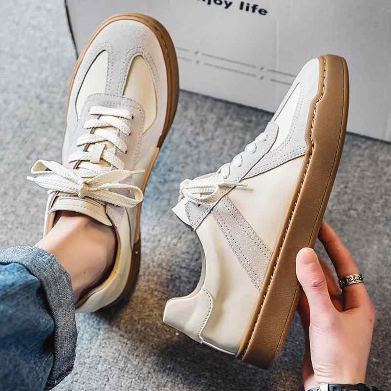 男性用 秋冬 カジュアル スニーカー ソフトソール 英国風 革 白い靴 カップル スポーツ 道徳 トレーニングシューズ ラウンドトゥ