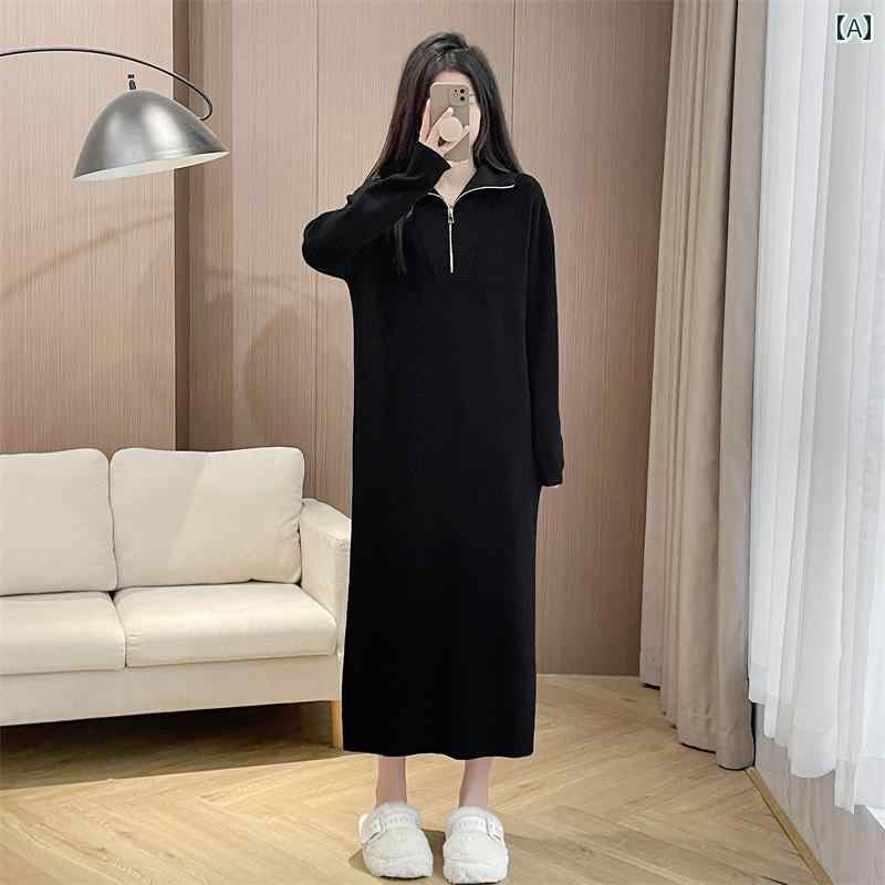 秋冬 レディース 長袖 ニット ドレス フレンチ ジッパー ロング インナー セーター スカート コート ワンピース