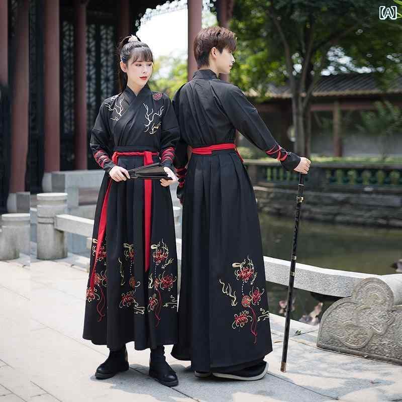 樂天商城 - 漢服 民族衣装 コスチューム 男性 女性 長袖 大きいサイズ クロス 衿 宋代 刺繍 縫製 チャイナ風 白黒 衣装 レディース メンズ レトロ スポーツ