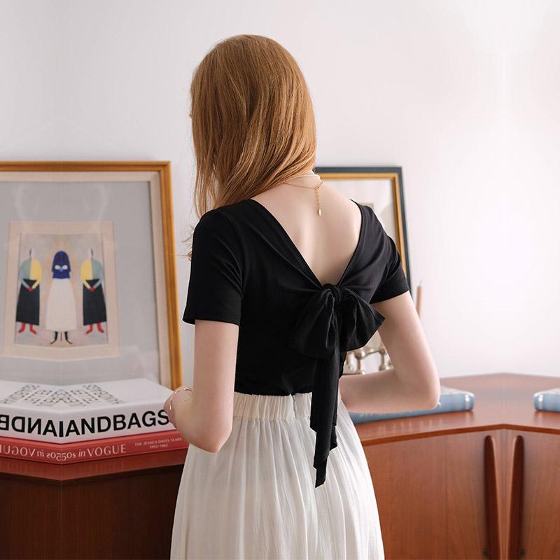 tシャツ レディース 半袖 夏 カジュアル トップス Vネック 無地 スリム 綿 ストレッチ バックリボン かわいい 黒 ピンク(4)