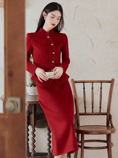 レディース 新年 赤色 スーツ 婚約 ウール ハイエンド ドレス エレガント ワンピース 礼服 女性用 長袖 冬用 レディース 新年 赤色 スーツ 婚約 ウール ハイエンド ドレス エレガント ワンピース 礼服 女性用 長袖 冬用