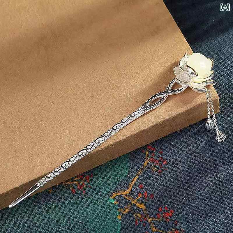 かんざし 一本 レディース ヘアアクセサリー 髪飾り 和装 和服 シルバー 古代 翡翠 蓮 ピン ギフト タッセル 韓服