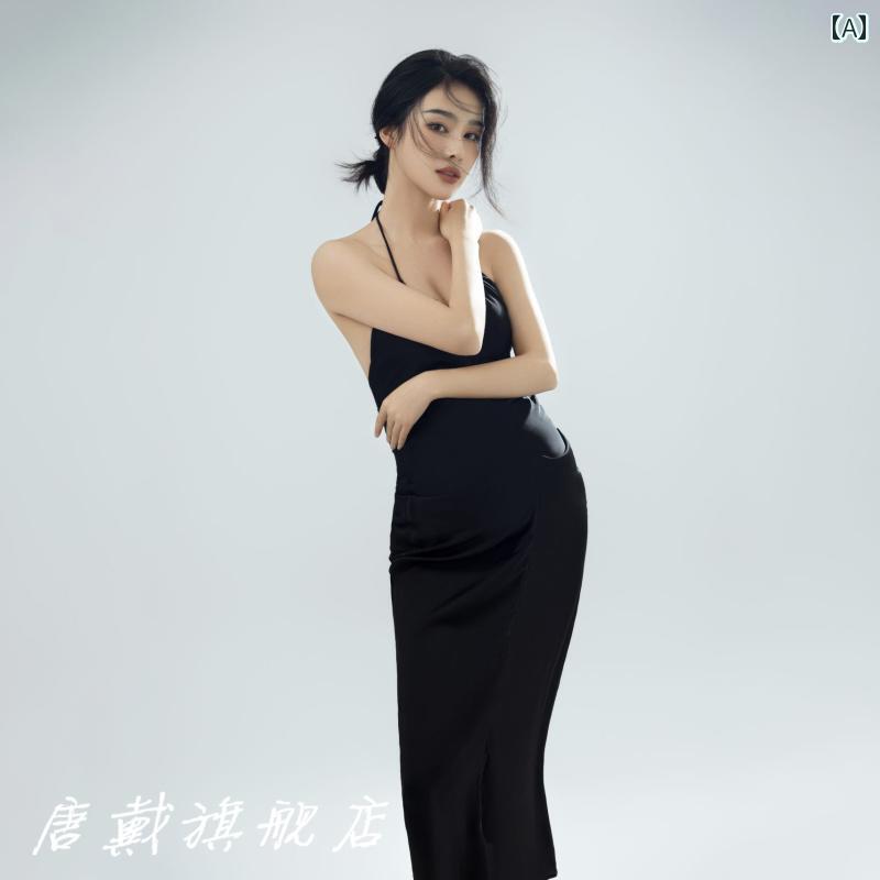 マタニティ フォト おしゃれ ファッション シンプル ブラック 写真 女性 スタジオ ハイエンド 黒 ホルターネック セクシー ドレス パーソナル アート フリーサイズ