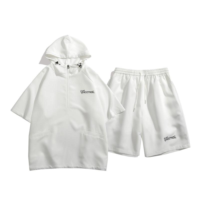 メンズ ワイドパンツ ハーフ 五分丈 ゆったり ポケット トップス 半袖 フード ハイネック 上下セット カジュアル シンプル 白 赤 黒 夏 大きいサイズ 外出 レジャー(4)